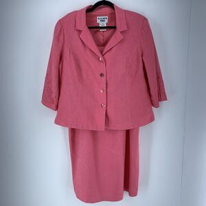 Vtg Womens 14W Suit Set Dress Jacket Linen Blend Embroidered Trad Wife Feminine